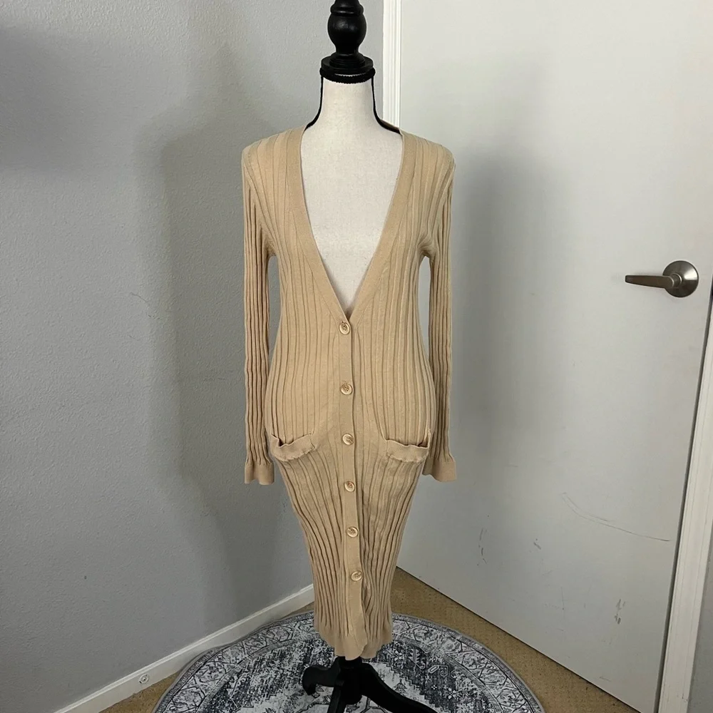 cream cardigan dress Cream-Sand Knit Colorblock Belted Cardigan/Dress S